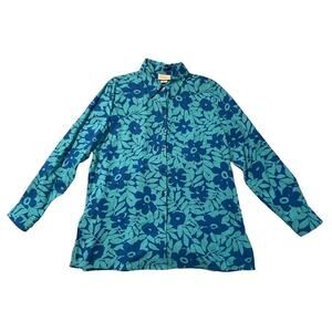 Vintage Linen Blend Tropical Button Up Shirt Cover Up Sz L Blue Tiki Cruise Fun